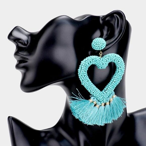 Seed Bead Heart Blue Tassel Earrings - Picture 3 of 5